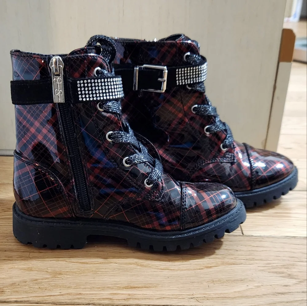Jessica Simpson Lace Up Boots Zipper Plaid Bedazzle Size 12 Combat Boot